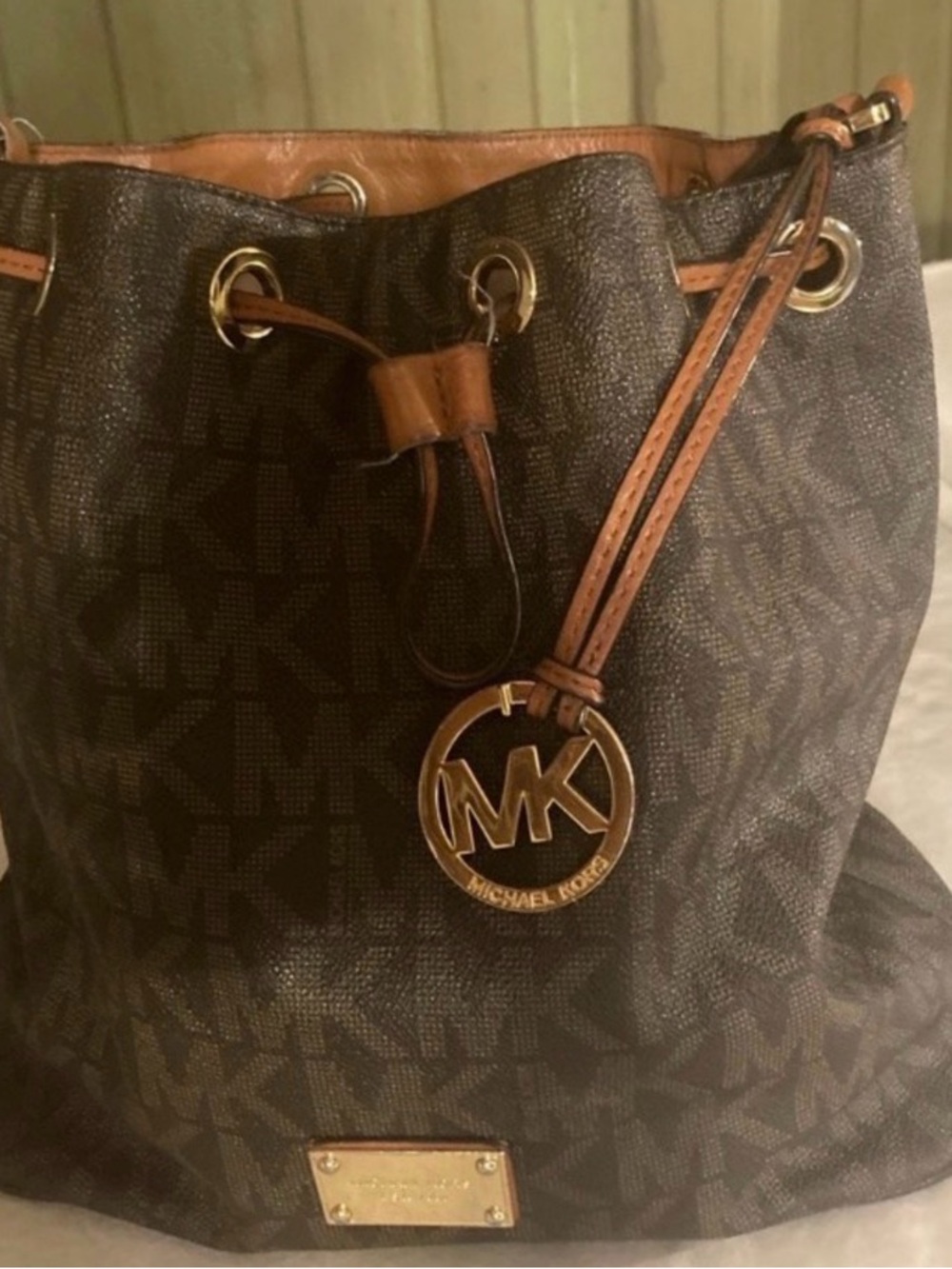Michael Kors Brown Logo Drawstring Bucket Tote with Gold MK Charm